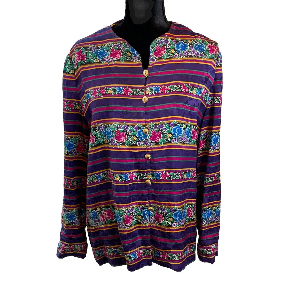 Adrianna Papell Womens 12 Blouse Purple Floral Silk Striped Button Front Vintage